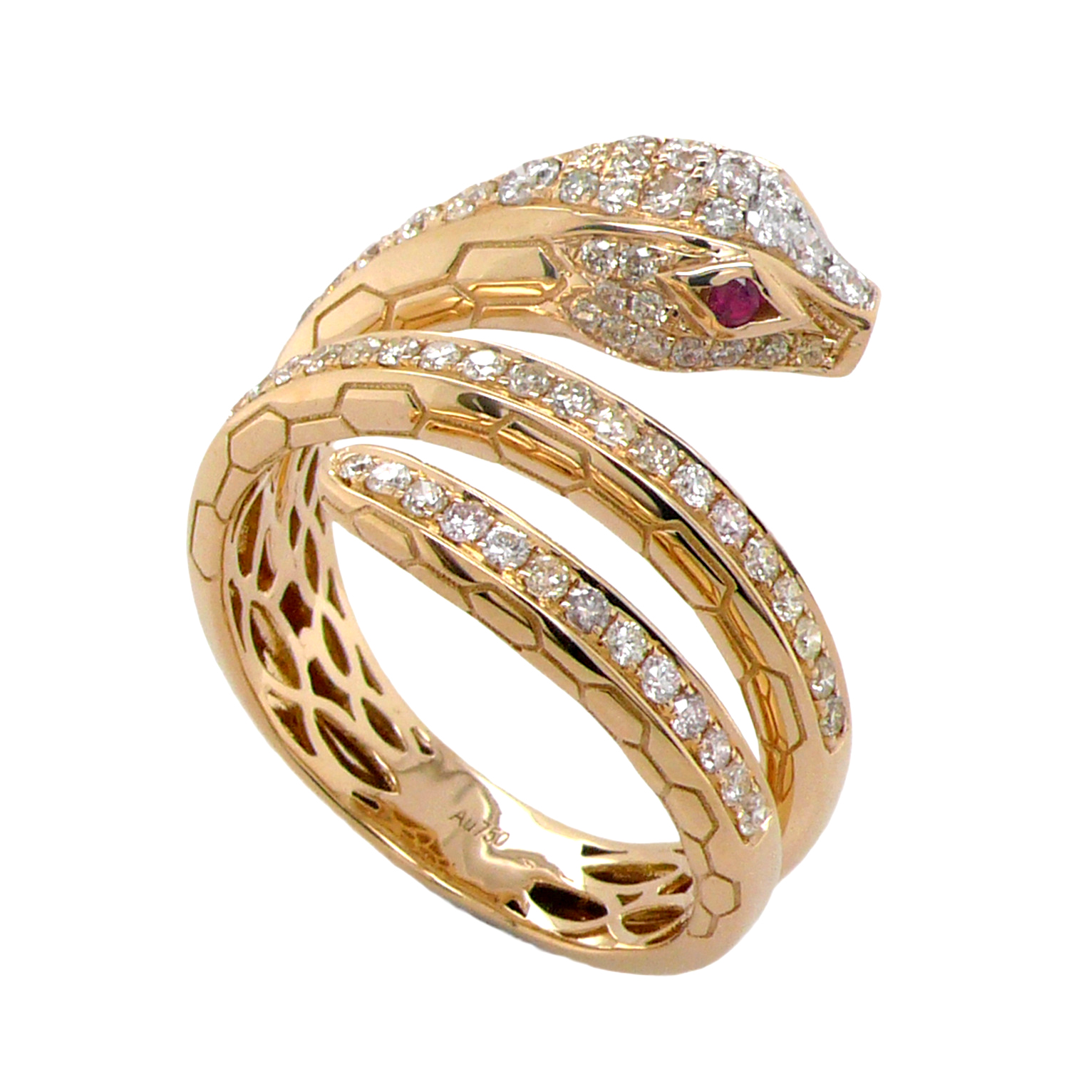 18K Yellow Gold Diamond Ruby Snake Ring