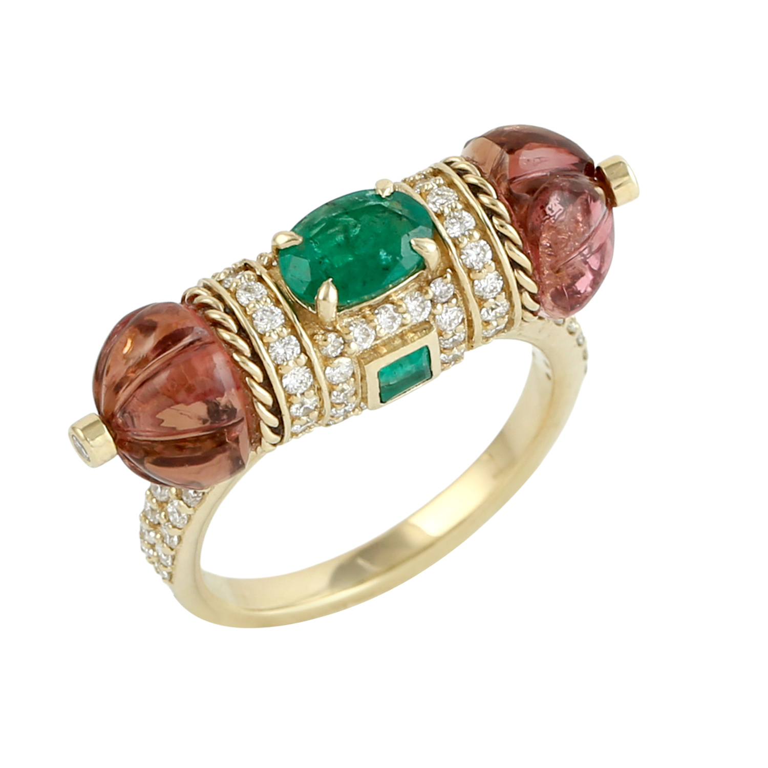 14K Yellow Gold Emerald Tourmaline Diamond Ring