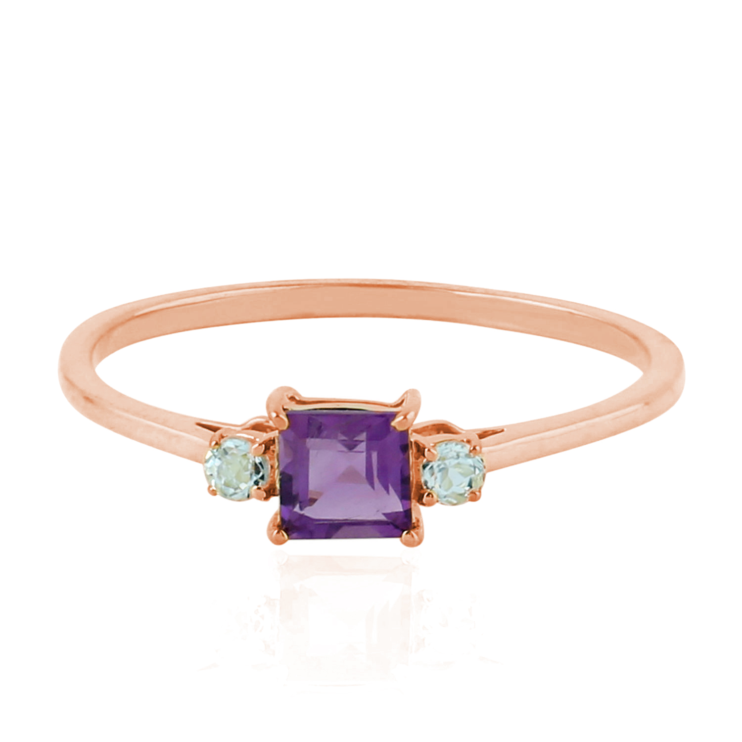10K Rose Gold Amethyst Topaz Three Stone Ring Dainty Birthstone Gift For Her - Picture 1 of 7